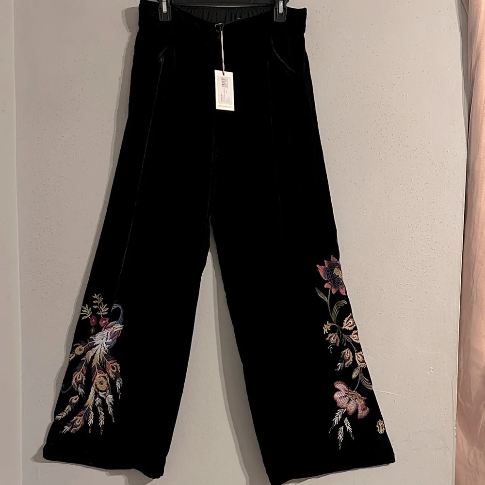 NWT Johnny Was Black Embroidered Wide-Leg Pants with embroidery - Picture 1 of 9